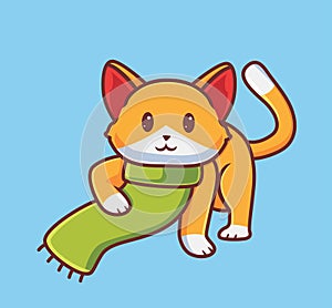 cute cat wear scarf. Isolated cartoon animal autumn season concept illustration. Flat Style suitable for Sticker Icon Design