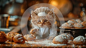 Cute Cat Wearing Chefs Hat Holding Pastry