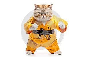 Cute cat wearing Chinese costume looks up at something curiously on white background.