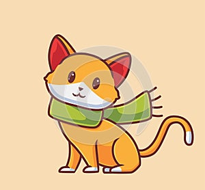 cute cat wearing scarf. Isolated cartoon animal autumn season concept illustration. Flat Style suitable for Sticker Icon Design