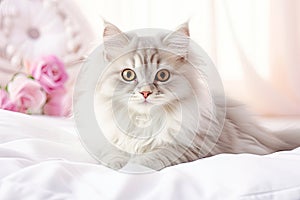 cute cat on a white bed