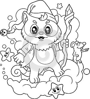 Cute cat wizard, coloring book, funny illustration