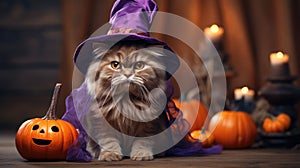 Cute cat in wizard costume on Halloween, pet on pumpkins background