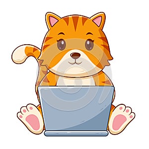 Cute Cat Working On Laptop Cartoon. Animal Icon Concept. Flat Cartoon Style. Suitable for Web Landing Page, Banner, Flyer, Sticker
