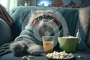 A cute cat, wrapped in a fluffy blanket, sits on the sofa and watches TV, popcorn and remote control with enthusiasm. Movie night