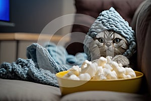 Cute cat, wrapped in fluffy blanket and warm hat sits on sand watches movie on smartphone, popcorn. Movie night, chilly winter