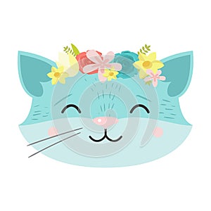 Cute cat in a wreath of flowers. Raster illustration in flat cartoon style.