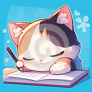 A cute cat writer cartoon style