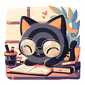 A cute cat writer cartoon style