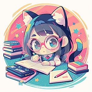 A cute cat writer cartoon style