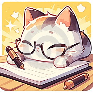 A cute cat writer cartoon style