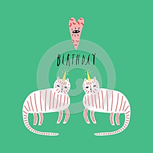 Cute caticorn. Birthday lettering. Cat unicorn, kitty magic party animal concept. Doodle cartoon stylish character. Vector EPS