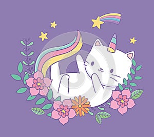 Cute caticorn with floral decoration