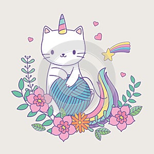 Cute caticorn with floral decoration and ball of wool