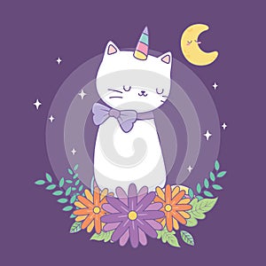 Cute caticorn with floral decoration at night