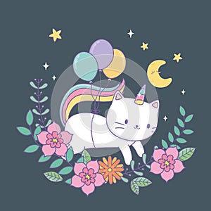 Cute caticorn with floral decoration at night