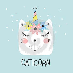 Cute caticorn with floral. Kids print. Hand drown vector