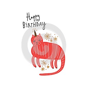 Cute caticorn lettering Birthday illustration. Cat unicorn, kitty magic party animal concept. Doodle cartoon stylish character.