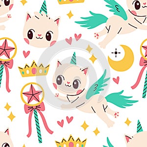 Cute caticorn seamless pattern on white background. Vector for birthday, invitation, baby shower card, kids tshirts.