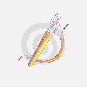 Cute catoon bow weapon vector illustration. Yellow gold bow weapon with quiver. Bow weapon with arrows and quiver