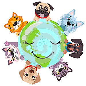 Cute cats an around globe banner vector illustration. Animals planet concept, world continents fauna, world map with cats and dog.