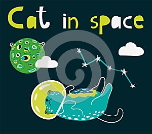 Cute cats astronauts in space, vector illustration. Sleeping kitten, moon in universe.