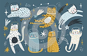 Cute cats astronauts traveling in outer space. Animal cosmonaut adventure in cosmos. Flat vector illustration of funny