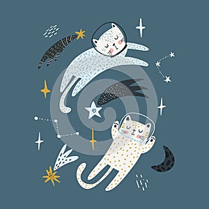 Cute cats astronauts traveling in outer space. Animal cosmonaut adventure in cosmos. Flat vector illustration of funny