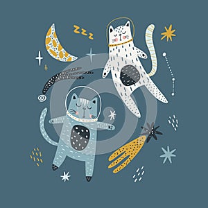 Cute cats astronauts traveling in outer space. Animal cosmonaut adventure in cosmos. Flat vector illustration of funny