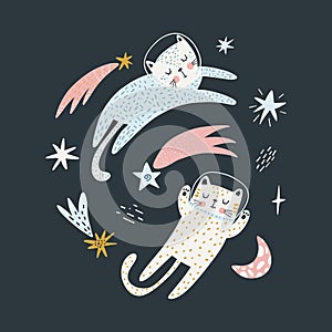 Cute cats astronauts traveling in outer space. Animal cosmonaut adventure in cosmos. Flat vector illustration of funny