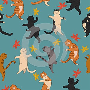 Cute cats and autumn leaves seamless pattern
