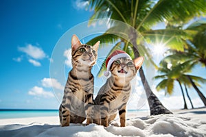 Cute cats celebraiting on the tropical palm beach. Christmas card concept