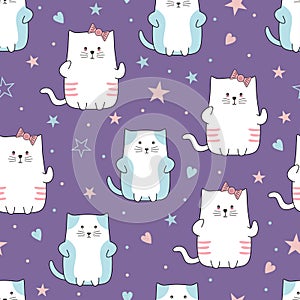 Cute cats character seamless pattern cartoon style. Funny cat animal drawing background vector illustration ready for baby and