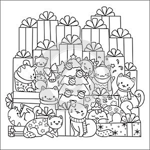 Cute cats in Christmas party with friends design for printed tee,cards,invitations and coloring book page for kids. Vector illustr