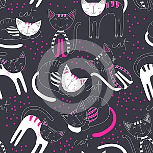 Cute cats colorful seamless pattern background. Kid wallpaper design. Hand drawn fashion backdrop. Cute and fun animal