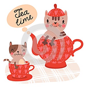 Cute cats with a cup of tea and teapot