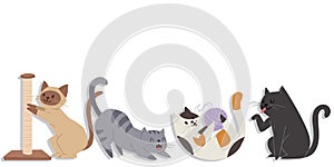 Cute cats of different breeds in various poses vector illustration. Cartoon kitten licking itself , sharpen claws and