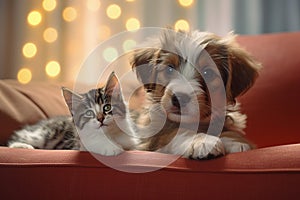 Cute cats and dogs have beautiful fluffy hair. on the soft sofa in the house. Generative AI