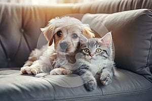 Cute cats and dogs have beautiful fluffy hair. on the soft sofa in the house. Generative AI