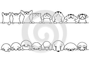 Cute cats and dogs looking up and down border set