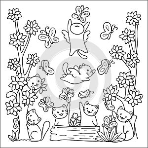 Cute cats enjoy playing with butterflies with friends in nature design for wallpaper art and coloring book page for kids. Vector i