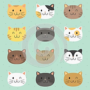 Cute Cats Faces Cartoon Vector Collection