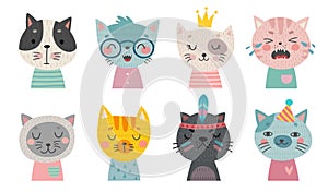 Cute cats faces. Hand drawn characters