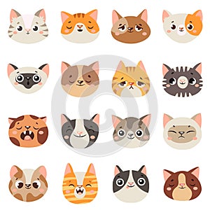 Cute cats faces. Happy animals, funny kitten smiling mouth and crying sad cat. Animal character face cartoon vector