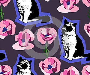 Cute Cats and flowers seamless pattern. Pet vector illustration. Cartoon cat images. Cute design for kids.Ð¡