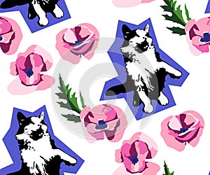 Cute Cats and flowers seamless pattern. Pet vector illustration. Cartoon cat images. Cute design for kids.Ð¡
