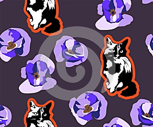 Cute Cats and flowers seamless pattern. Pet vector illustration. Cartoon cat images. Cute design for kids. Ð¡hildren`s pattern