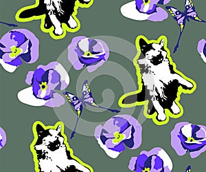 Cute Cats and flowers seamless pattern. Pet vector illustration. Cartoon cat images. Cute design for kids. Ð¡hildren`s pattern