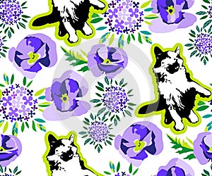 Cute Cats and flowers seamless pattern. Pet vector illustration. Cartoon cat images. Cute design for kids. Ð¡hildren`s pattern