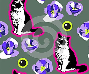 Cute Cats and flowers seamless pattern. Pet vector illustration. Cartoon cat images. Cute design for kids